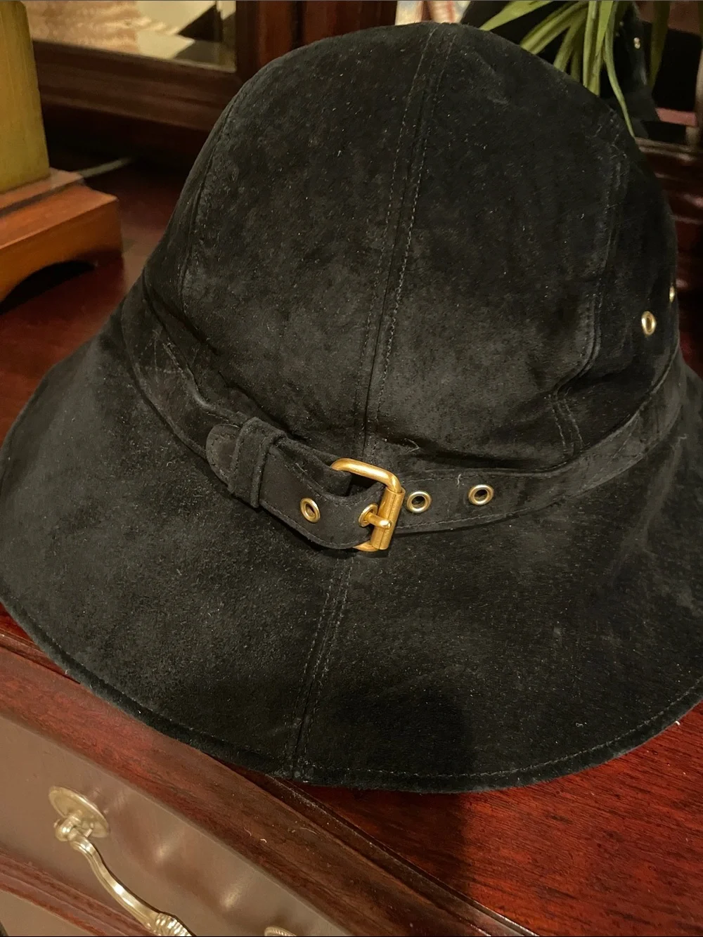Black Suede Wide Brim Hat with Gold Eyelets - Women Accessories - Picture 2 of 3